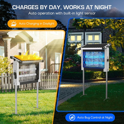 Solar Bug Zapper Outdoor Waterproof, 4500V High Power Cordless Mosquito Zapper with Smart Light Sensor, Dual Solar & USB Rechargeable Insect Killer for Patio, Garden, Backyard, Indoor & Outdoor Use
