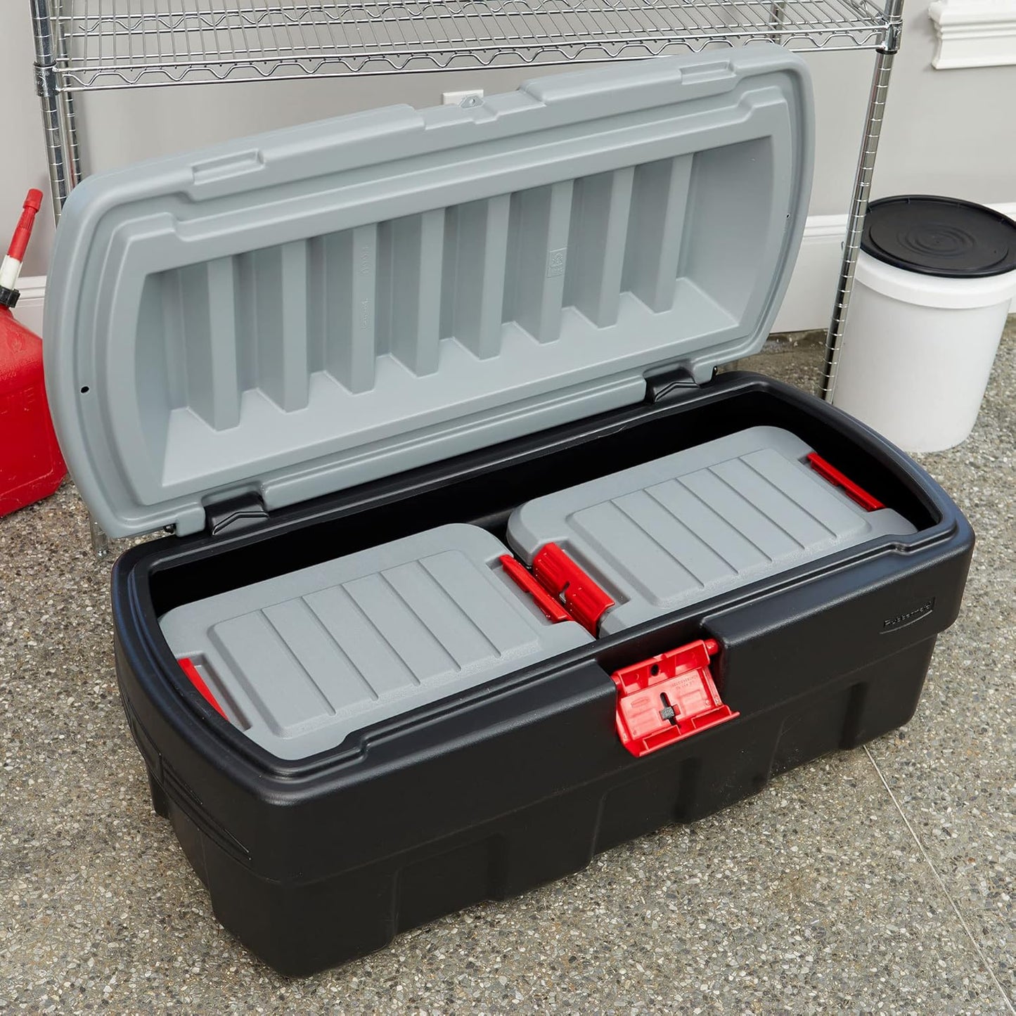 Rubbermaid ActionPacker 35 Gallon, Made in USA, Lockable Plastic Storage Bin with Lid and Wheels- Outdoor, Industrial, Rugged, Camping Gear and Truck Bed Storage - Gray and Black