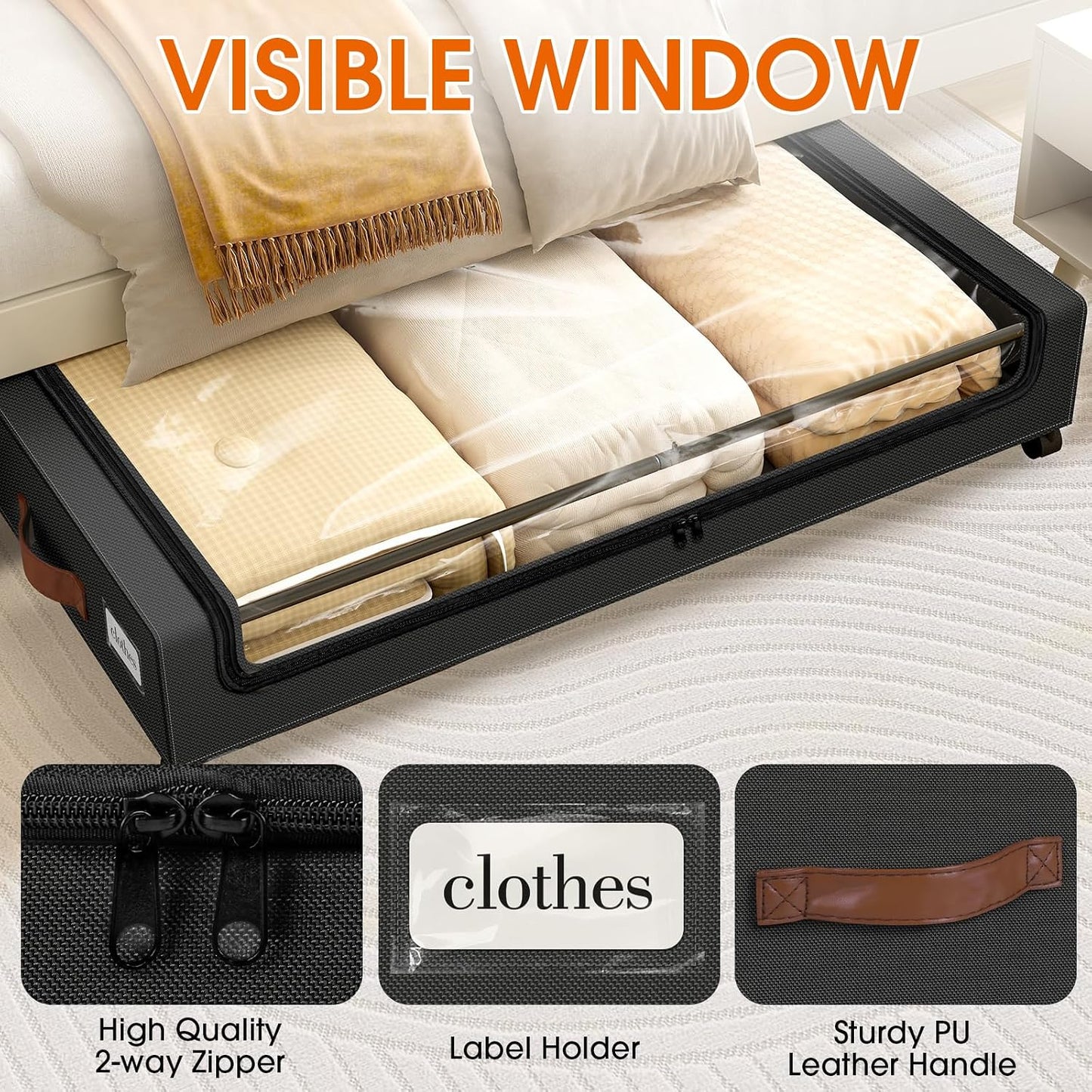 SpaceHacks Under Bed Storage with Wheels 2Pack Storage Containers with Clear Window&Label Under Bed Drawers Rolling Under Bed Storage for Clothes,Shoes, Blankets (30.71 x 16.93 x 6.69 in, Dark Grey)