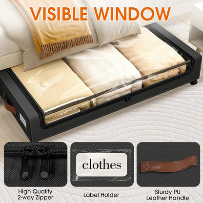 SpaceHacks Under Bed Storage with Wheels 2Pack Storage Containers with Clear Window&Label Under Bed Drawers Rolling Under Bed Storage for Clothes,Shoes, Blankets (30.71 x 16.93 x 6.69 in, Dark Grey)