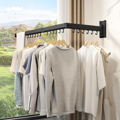 Wall Mounted Tri-Fold Clothes Drying Rack, Heavy Duty Collapsible Laundry Drying Rack, Space-Saving Retractable Foldable Drying Rack Clothes for Laundry Room Balcony Bathroom,Black-Hooks