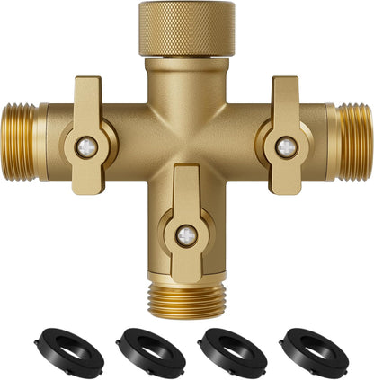 Hose Splitter Solid Brass 3 Way + Type Outdoor Faucet and Water Spigot Connector with Shut-Off Valves, 4 Extra Silicone Washers Included