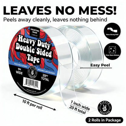 HIPPIE CRAFTER Double Sided Tape Heavy Duty for Walls - Nano Clear Mounting Tape, Removable & Reusable Two Sided Tape for Hanging, Strong Adhesive Wall Tape Transparent Roll 1" x 10FT