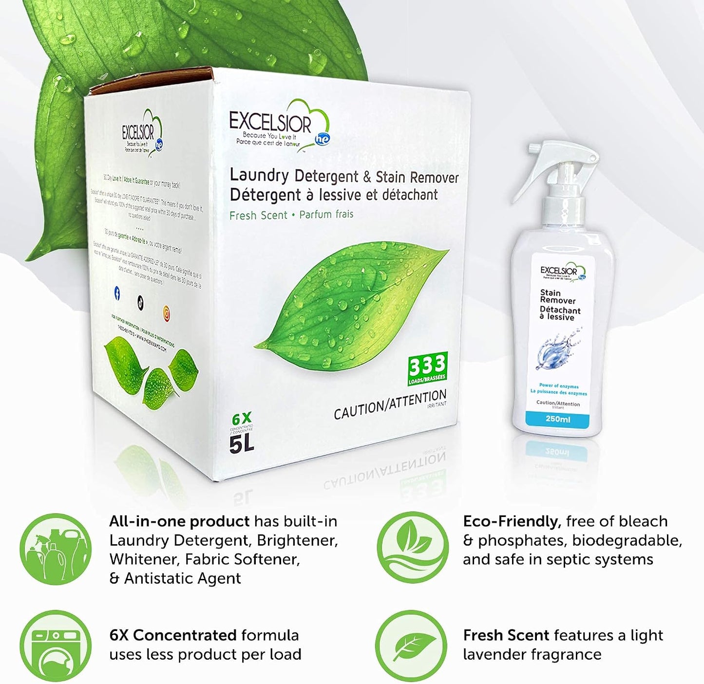 Excelsior HE Laundry Detergent Liquid Fresh Scent Concentrated 333 Loads 5 Liter With Natural Stain Remover, High Efficiency Washing Detergent Laundry Soap Bulk Works In All Washers Fresh Scent