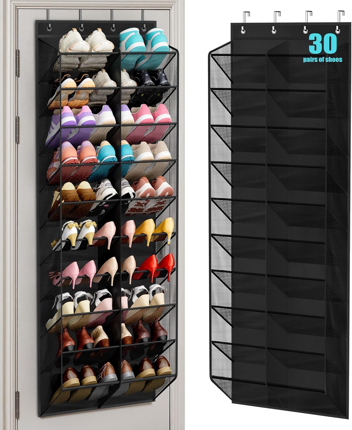 MISSLO 30 Pairs Over the Door Shoe Organizer Breathable Mesh Hanging Shoe Rack for Closet Storage with Wide Deep Pockets 10 Tier Shoes Holder Fit All the Family's Sneakers, Boots, Heels (White, 71")