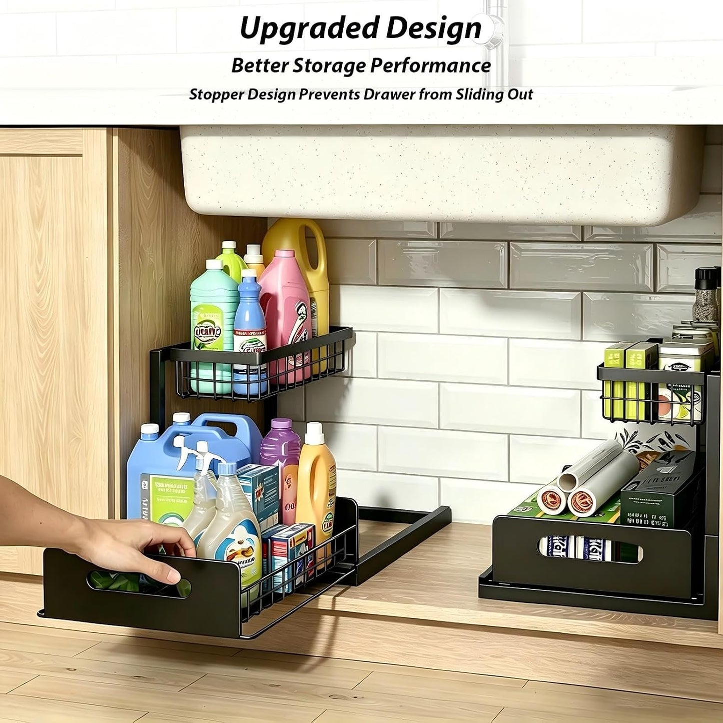 2 Pack Under Sink Organizer, 3-Tier Pull Out Kitchen Cabinet Organizer with 5 Adjustable Heights Metal Slide Out Bathroom Storage Makeup Drawer Rack for Bedroom Office Pantry Home Organization, White