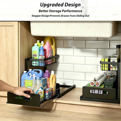 2 Pack Under Sink Organizer, 3-Tier Pull Out Kitchen Cabinet Organizer with 5 Adjustable Heights Metal Slide Out Bathroom Storage Makeup Drawer Rack for Bedroom Office Pantry Home Organization, White
