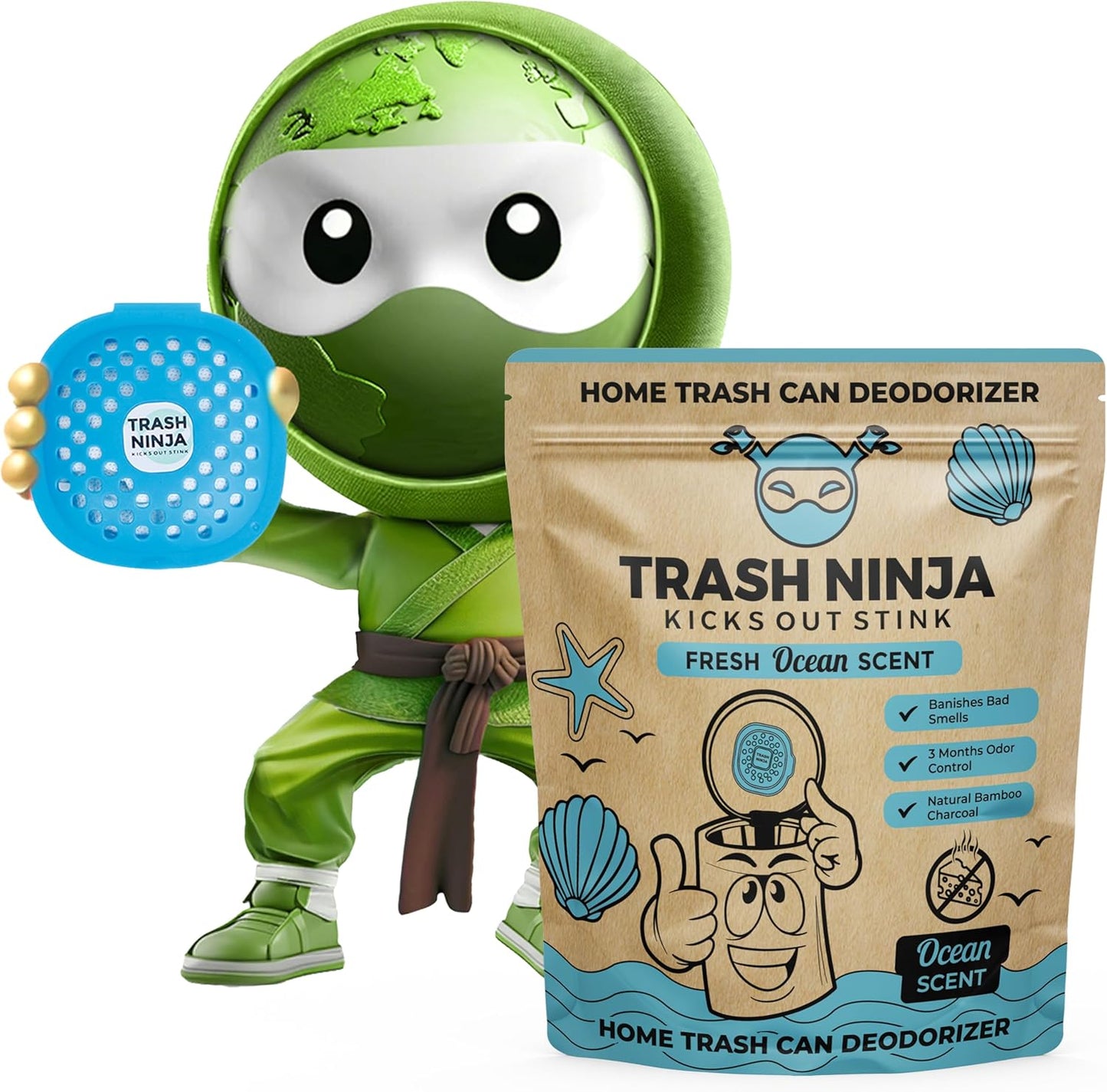 Trash Ninja Trash Odor Eliminator – Long-Lasting Citrus Scent Deodorizer with Activated Charcoal, Stick-On Freshener for Garbage Can, Fridge, Bathroom, Kitchen, and Diaper Pail Odors