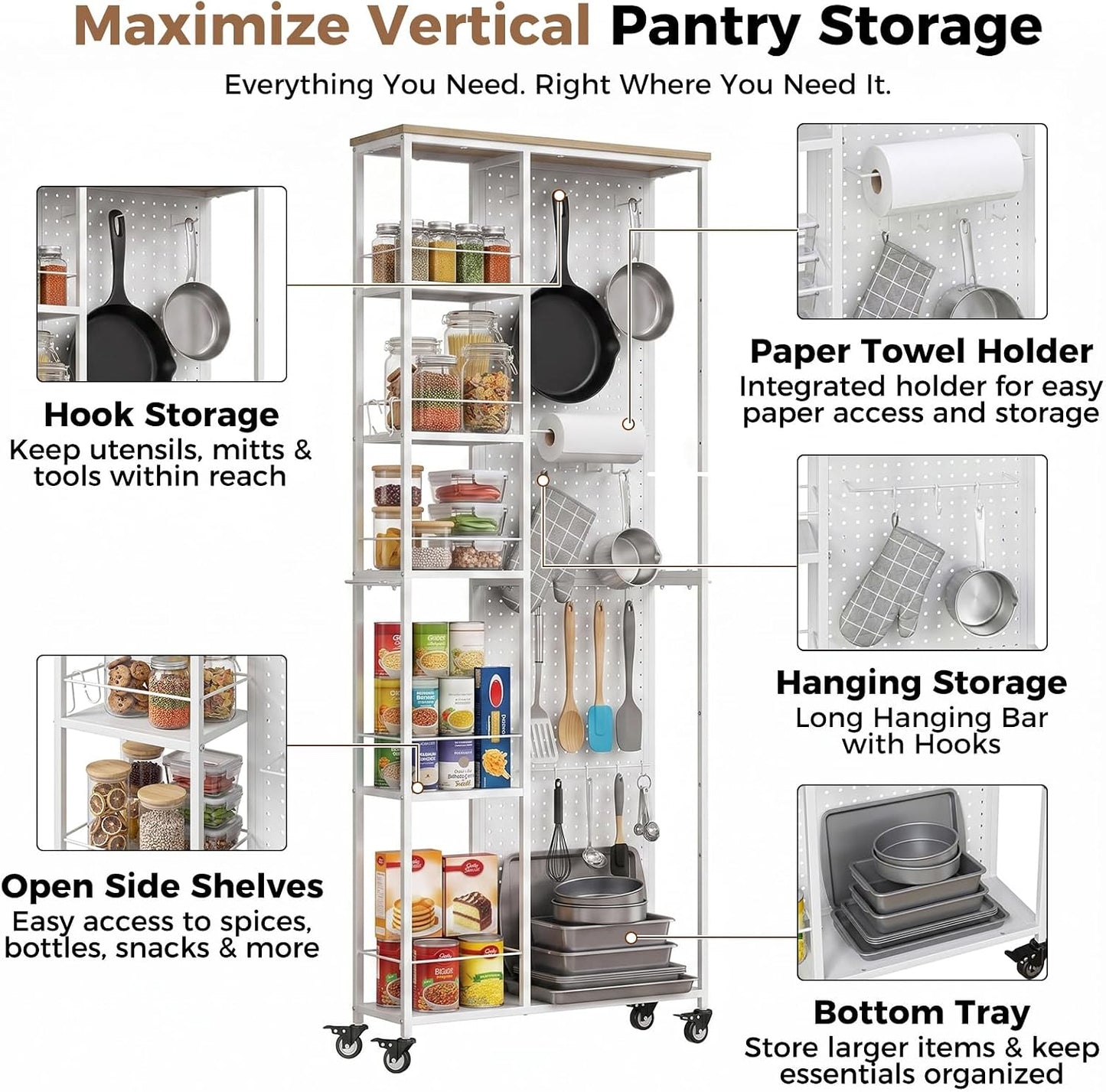 Slim Rolling Storage Cart, 8.3 Inch Narrow Storage Cart with Wheels, Pegboard & 5 Tier Shelves, Mobile Slim Storage Rack Next to Fridge for Kitchen, Laundry, White
