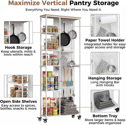 Slim Rolling Storage Cart, 8.3 Inch Narrow Storage Cart with Wheels, Pegboard & 5 Tier Shelves, Mobile Slim Storage Rack Next to Fridge for Kitchen, Laundry, White