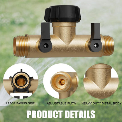YANWOO Garden Hose Splitter, Heavy Duty Metal 180 Degree T Type with Shut-Off Valves, 3/4" High Flow Spigot Faucet Connectors with 2 Extra Silicone Washers