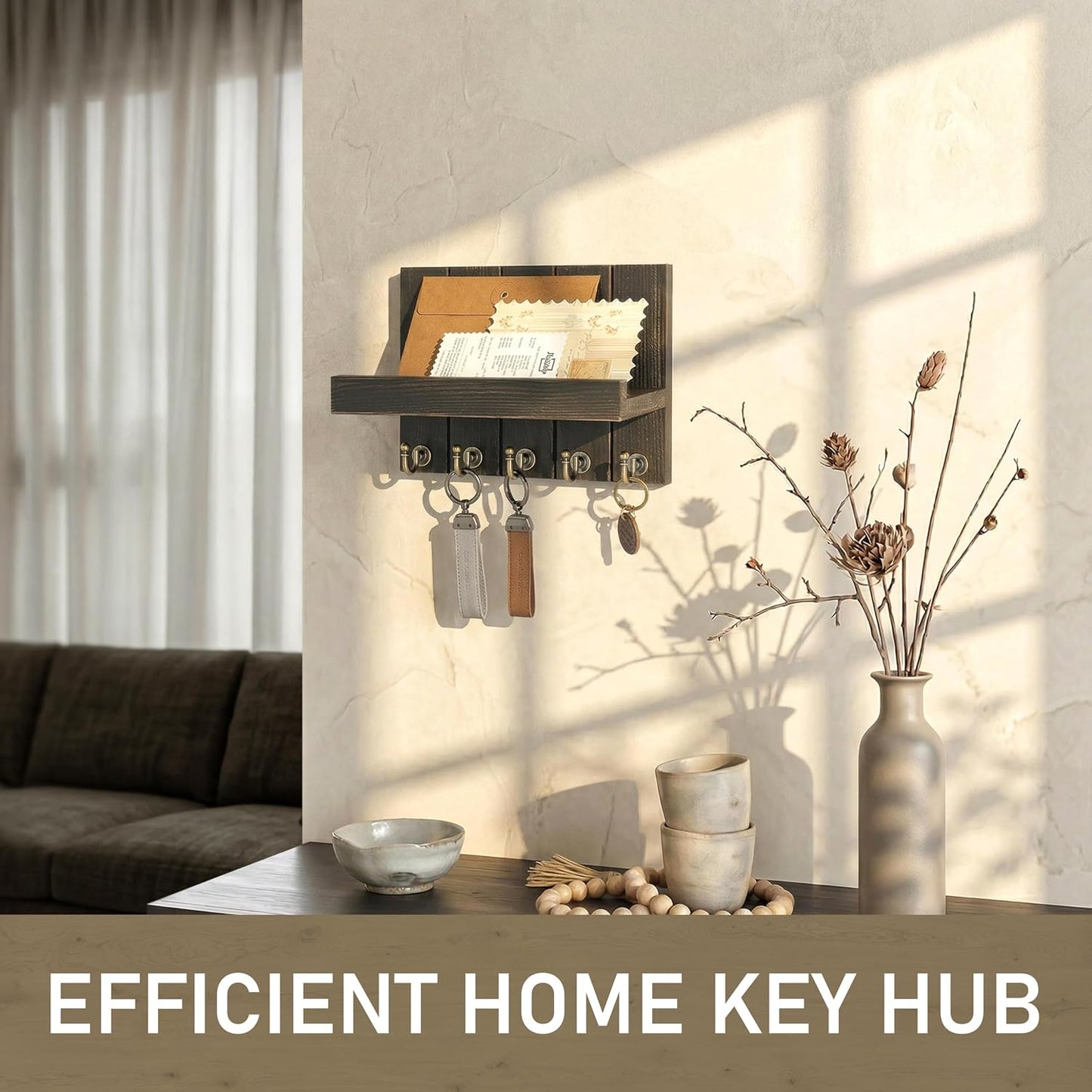 Rebee Vision Decorative Key Holder Wall Mount - Rustic Key Holder for Wall with Shelf and Mail Organizer for Living Room Decor - Home Essentials for Home Improvement (Brown, 3.54" x 10" x 7.28")
