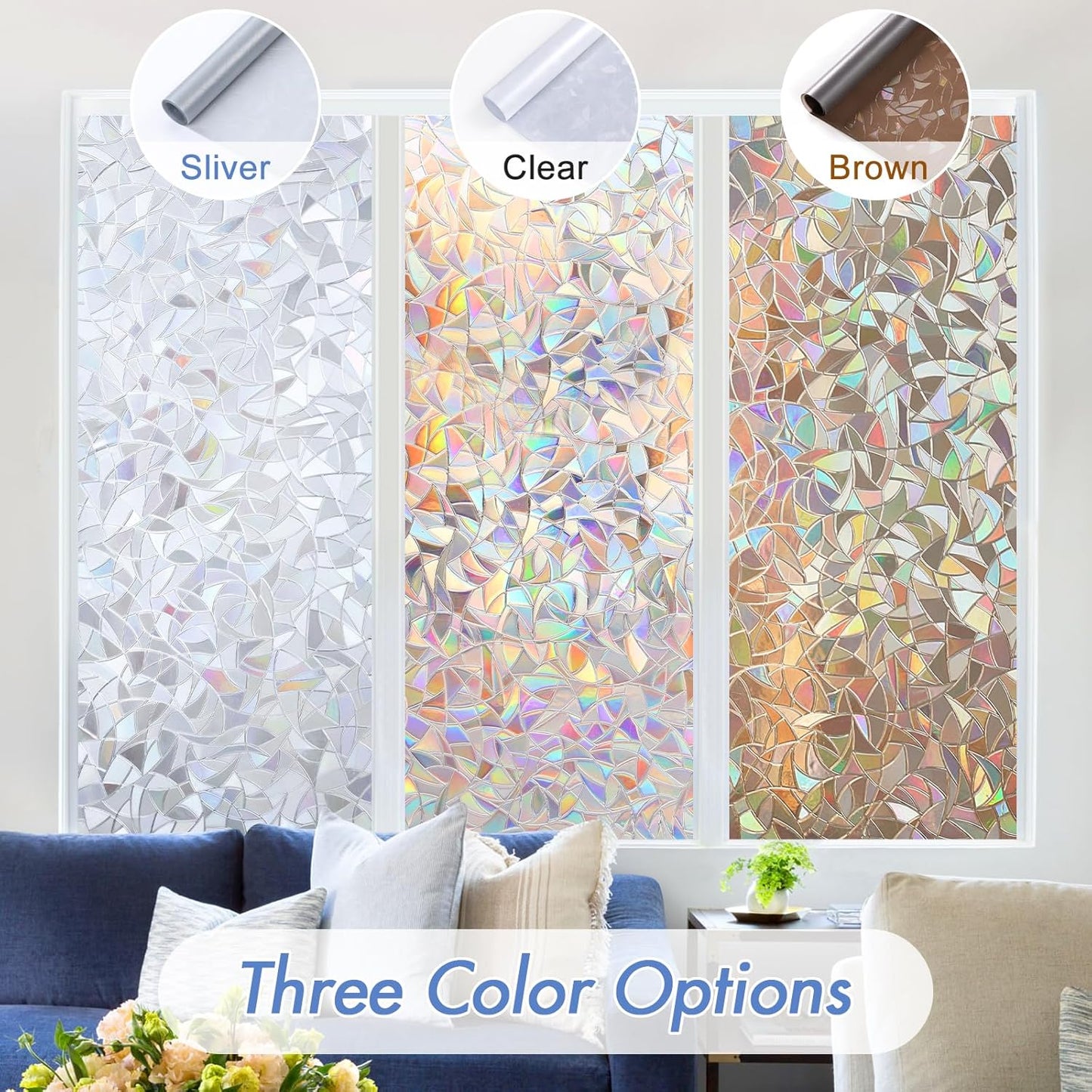 Haton Window Privacy Film, Stained Glass Rainbow Film Decorative Window Clings, Static Cling Sun Blocking Stickers Decals Coverings Tint for Home Heat Control, Non-Adhesive 17.5" x 78.7"