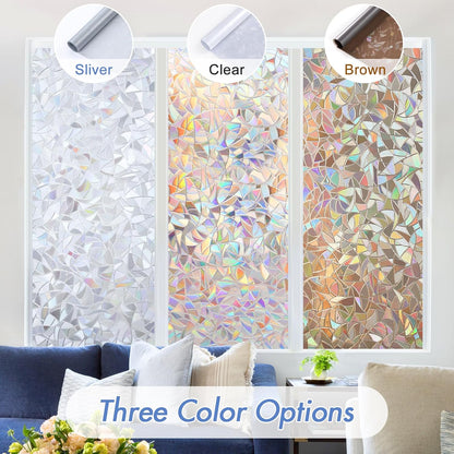 Haton Window Privacy Film, Stained Glass Rainbow Film Decorative Window Clings, Static Cling Sun Blocking Stickers Decals Coverings Tint for Home Heat Control, Non-Adhesive 17.5" x 78.7"
