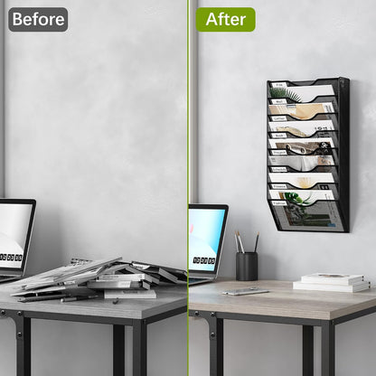 EasyPAG 5 Pocket Mesh Wall File Organizer with Key Hooks, Hanging Paper Folder Holder with Classify Label, Vertical Wall Mount Mail Organizer for Office Home Classroom, Black