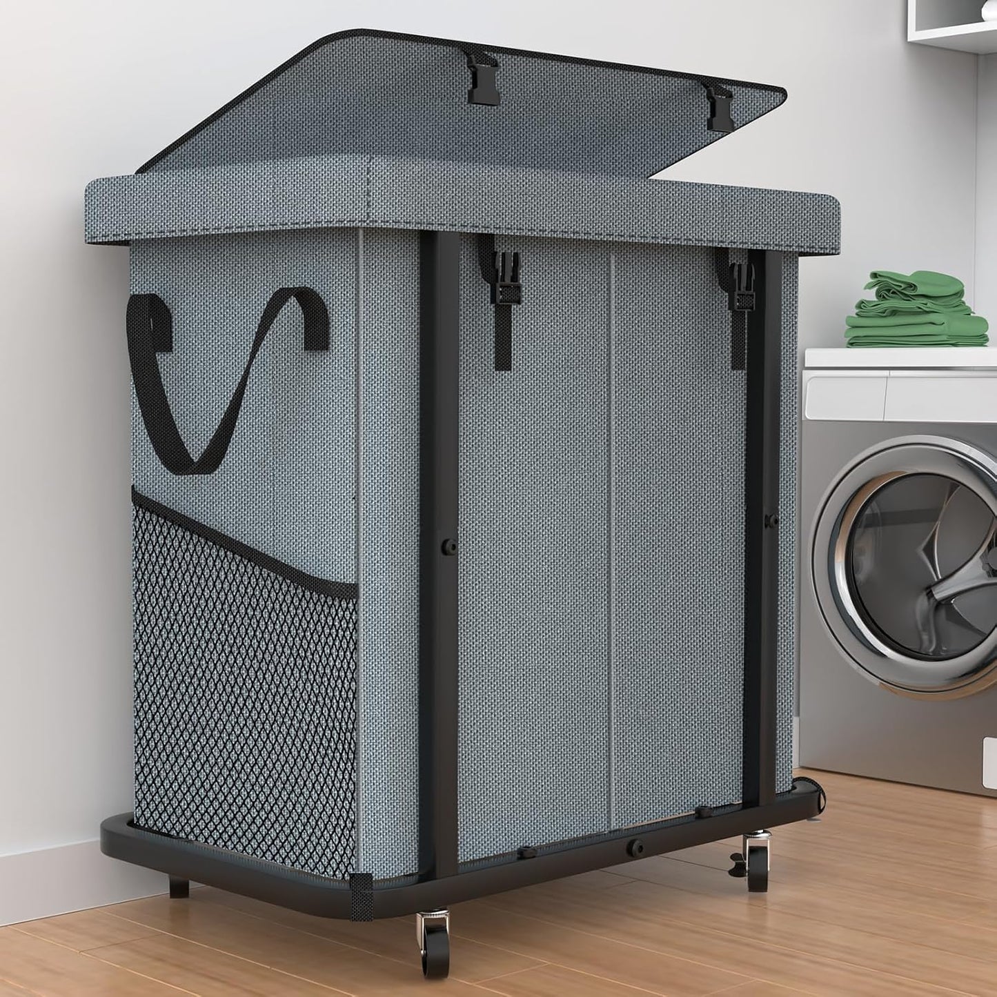 60 Gal(230L) Laundry Basket with Lid, Rolling Laundry Hamper with Wheels, Dirty Clothes Hamper with Metal Frame and Removable Bag Design, Suitable for Laundry Room, Bedroom (Black, 3 Section 230L)