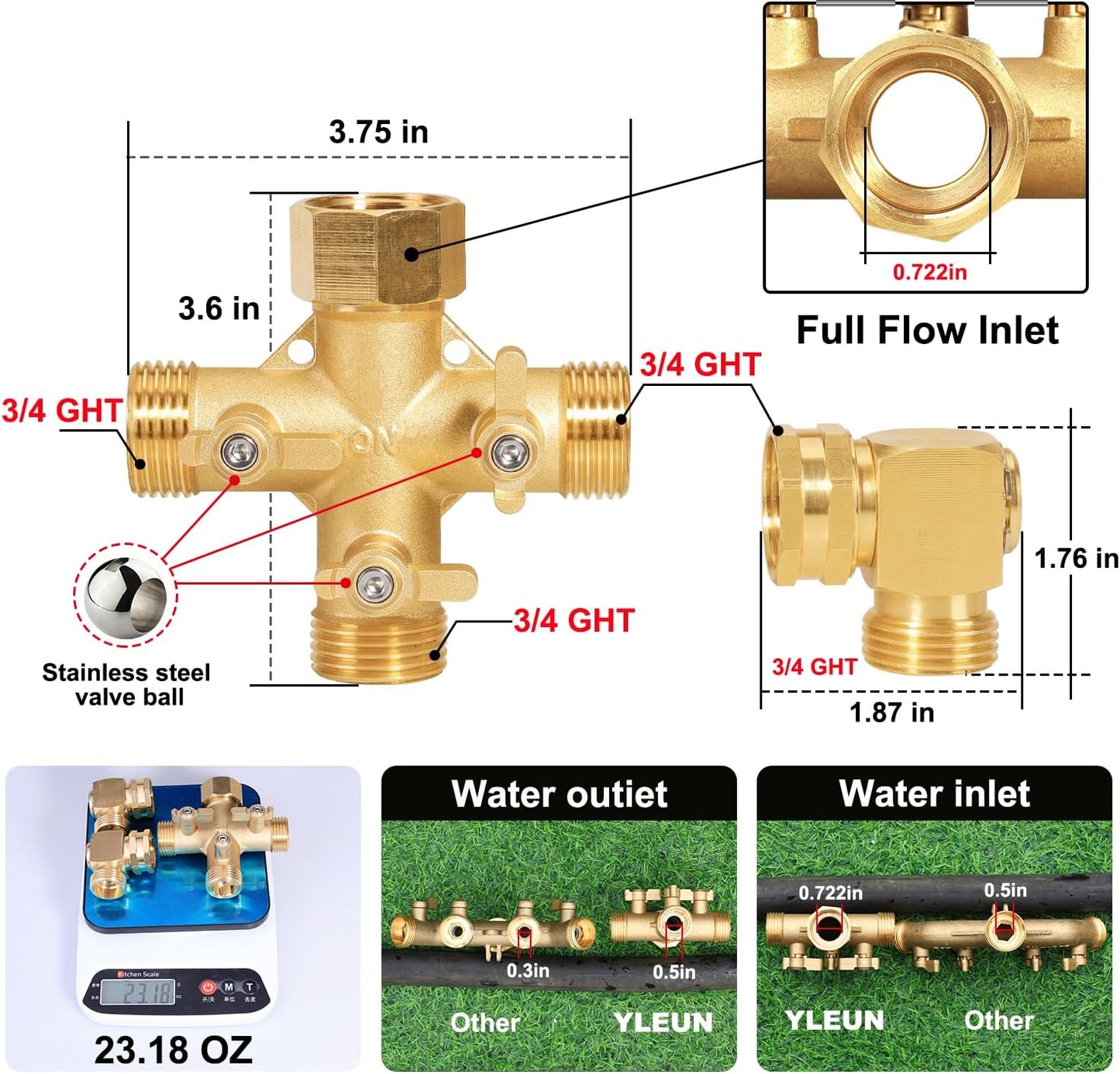 Garden Hose Splitter High Flow Splitter No Restricted-Flow Connector Heavy Duty Brass Hose Splitter with Shut Off Valves 3 way Hose Bib Adapter (Cross 3 way)