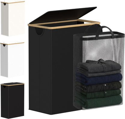 efluky Slim Laundry Basket with Lid, Narrow Laundry Hamper with Removable Bag, Skinny Dirty Clothes Basket with Bamboo Handles for Bathroom, Bedroom & Laundry Room, 75L Beige