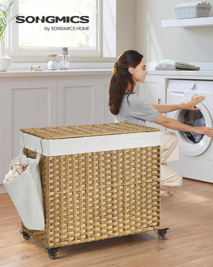SONGMICS Laundry Hamper with Lid, 37 Gallons (140 L), Rolling Laundry Basket with Wheels, 3-Section Synthetic Rattan, Removable Liner, Bedroom, 26 x 13 x 26 Inches, Gray ULCB363G01