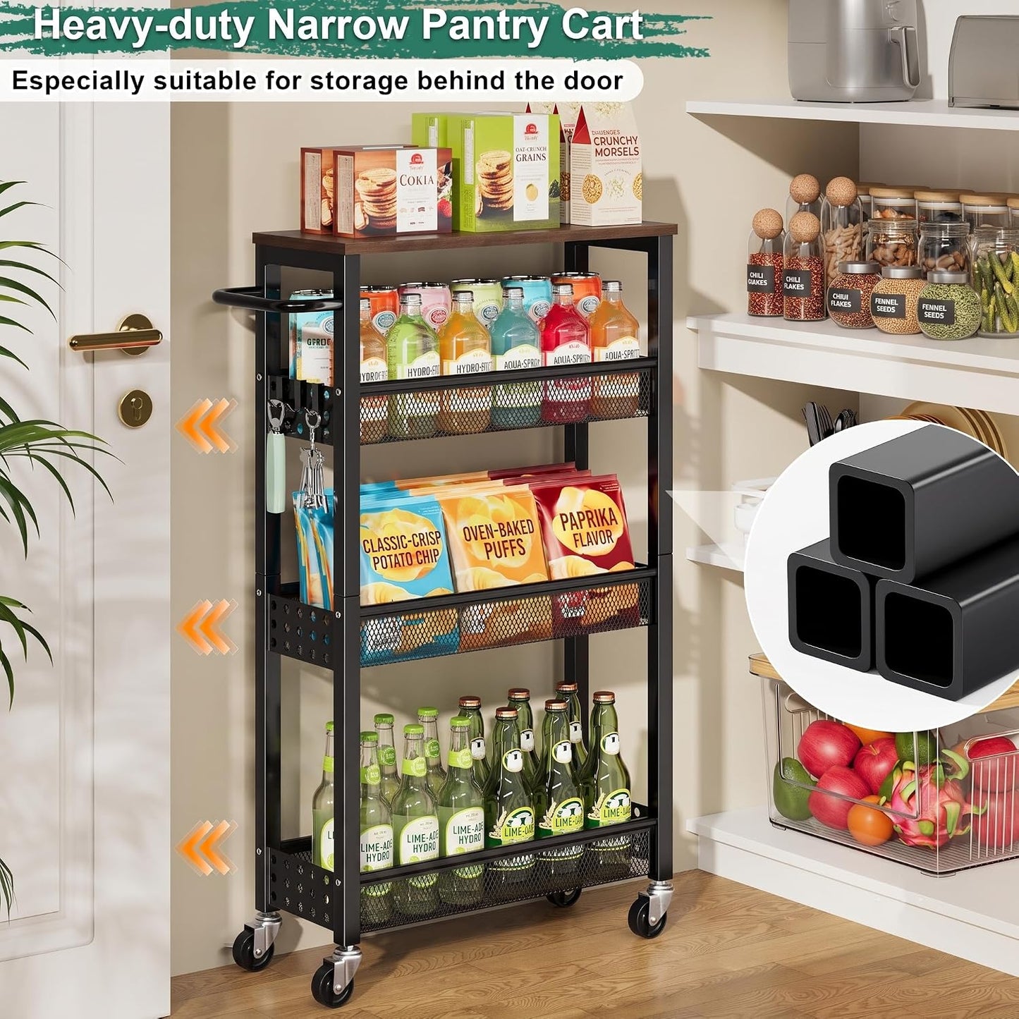 Utility Slim Storage Cart, 4-Tier Narrow Bathroom Organizers and Storage Cart, Narrow Metal Kitchen Laundry Room Organization Shelf with Wood Top, Slim Rolling Carts with Wheels for Small Space
