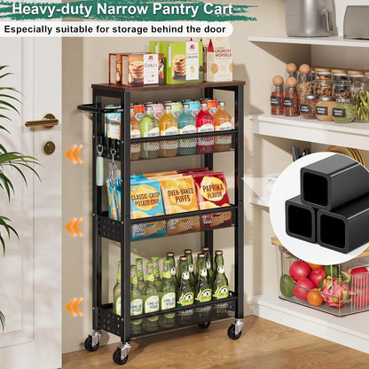 Utility Slim Storage Cart, 4-Tier Narrow Bathroom Organizers and Storage Cart, Narrow Metal Kitchen Laundry Room Organization Shelf with Wood Top, Slim Rolling Carts with Wheels for Small Space