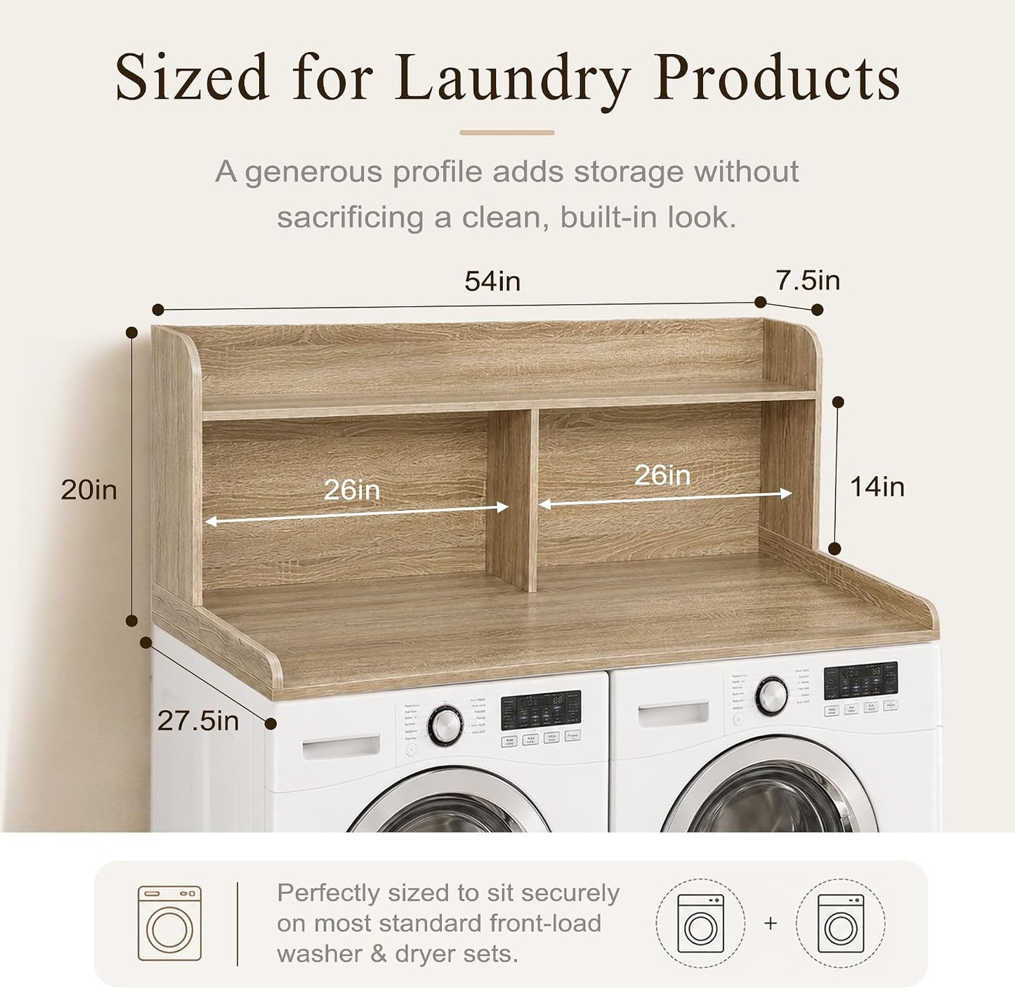 Royxen Laundry Countertop with 20" Shelf Universal Fit, Washer and Dryer Countertop with Storage Space, Laundry Room Storage (Walnut)