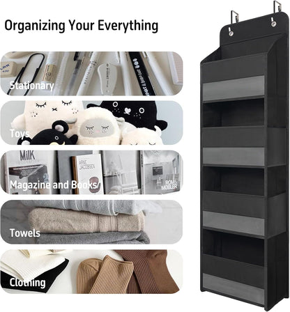 TYMENSH Black Over Door Organizer with 4 Large Clear Pockets, Compact Black Hanging Door Storage for Closet, Bathroom, Bedroom, Dorm, Nursery, Toys, Cosmetics, Baby Essentials