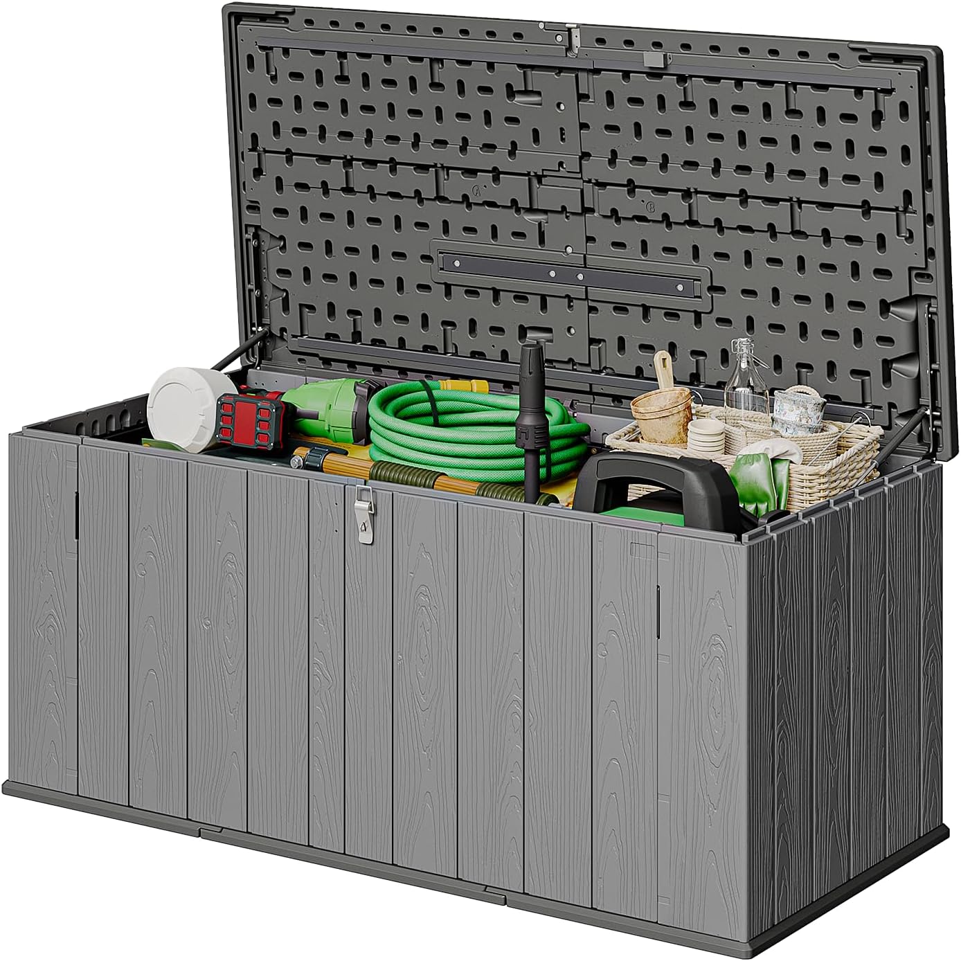 AOXUN Horizontal Storage Sheds 21 Cu.ft, HDPE Outdoor Storage Box 160 Gallon, Waterproof Lockable Resin Deck Box with Spring-Assisted Lid, Patio Storage for Garden, Pool, Cushions, Tools, White