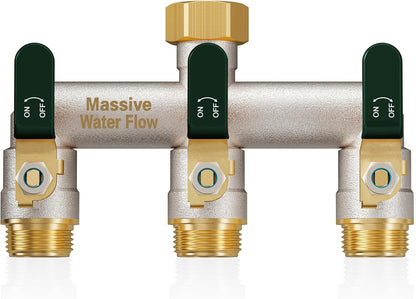Garden Hose Splitter 3 Way Heavy Duty Brass Nickel Plated Hose Splitter with Large Handle, Full Flow Water Hose Spigot Splitter with Shutoff Valve, T Adapter Connector, 3/4 - Inch GHT Thread（Green）