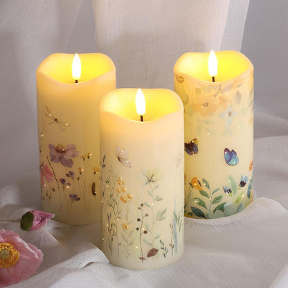 Eywamage Fiber Optic Flameless Pillar Candles with Remote, Floral Butterfly Spring LED Candles Flickering Home Decor Gift Set of 3