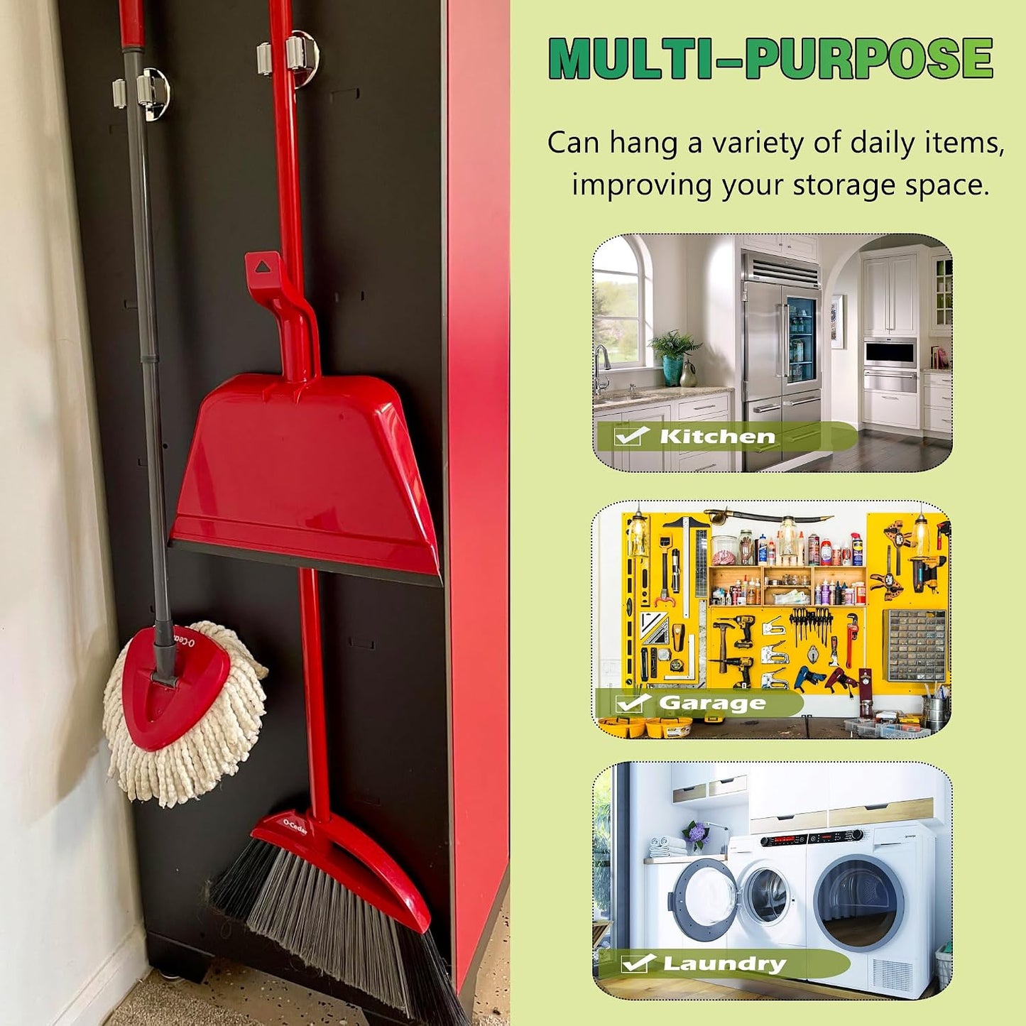 ULIBERMAGNET Magnetic Mop Broom Holder,Heavy Duty Movable Magnetic Broom Holder Rack,Anti-slip Wall Mounted Utility Storage Mop Shovel Hanger for Garage, Kitchen, Laundry, Garden(3 Racks / 4 Hooks)