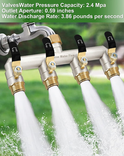 4 Way Hose Splitter, Heavy Duty Full Flow Garden Water Hose Bib Spigot Splitter, Brass Rust and Freeze Resistant Outdoor Faucet Splitter, T Adapter Connector with 3/4 - Inch GHT Thread （Black）