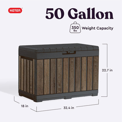Keter Signature Everwood 30 Gallon Resin Outdoor Storage Box and Patio Furniture Side Table for Pool and Garden Accessories, Walnut