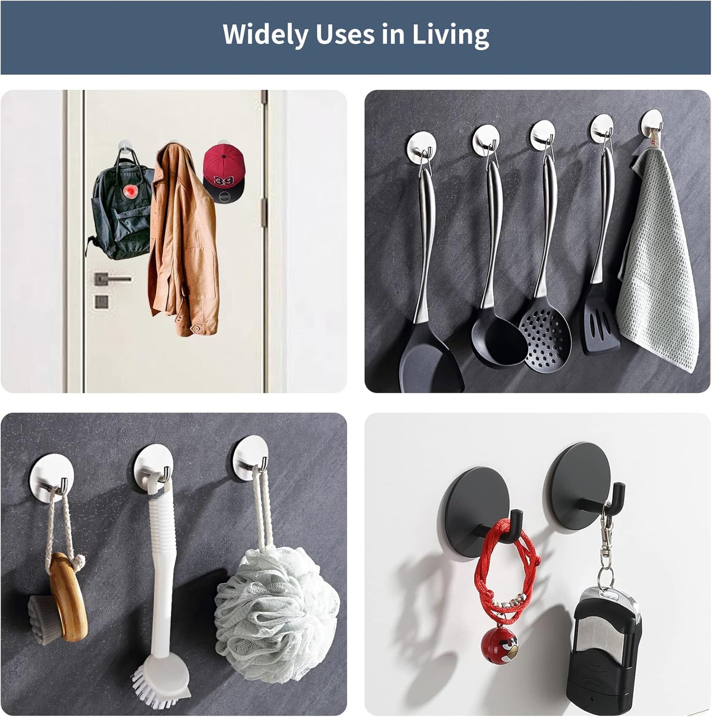 Rise age Adhesive Hooks Heavy Duty Waterproof in Shower Hooks for Hanging Loofah, Towels, Clothes, Robes for Bathroom Removable Adhesive Wall Hooks Door Hook Stainless Steel Black Stick on Hooks 4 Pcs