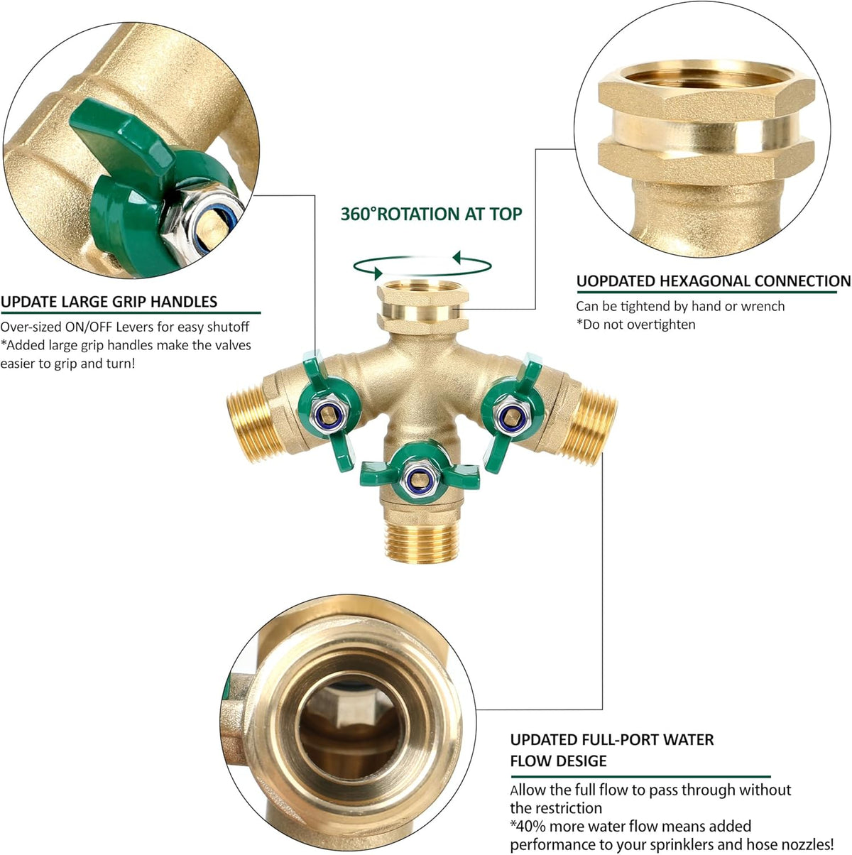 STYDDI Garden Hose Splitter Full Flow, Brass Heavy Duty Hose Splitter 2-Way High Flow, All Metal Hose Y Splitter with Shutoff, Outdoor Faucet Splitter Hose Connector, Water Hose Y Valve Tap Adapter