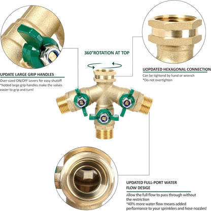 STYDDI Garden Hose Splitter Full Flow, Brass Heavy Duty Hose Splitter 2-Way High Flow, All Metal Hose Y Splitter with Shutoff, Outdoor Faucet Splitter Hose Connector, Water Hose Y Valve Tap Adapter