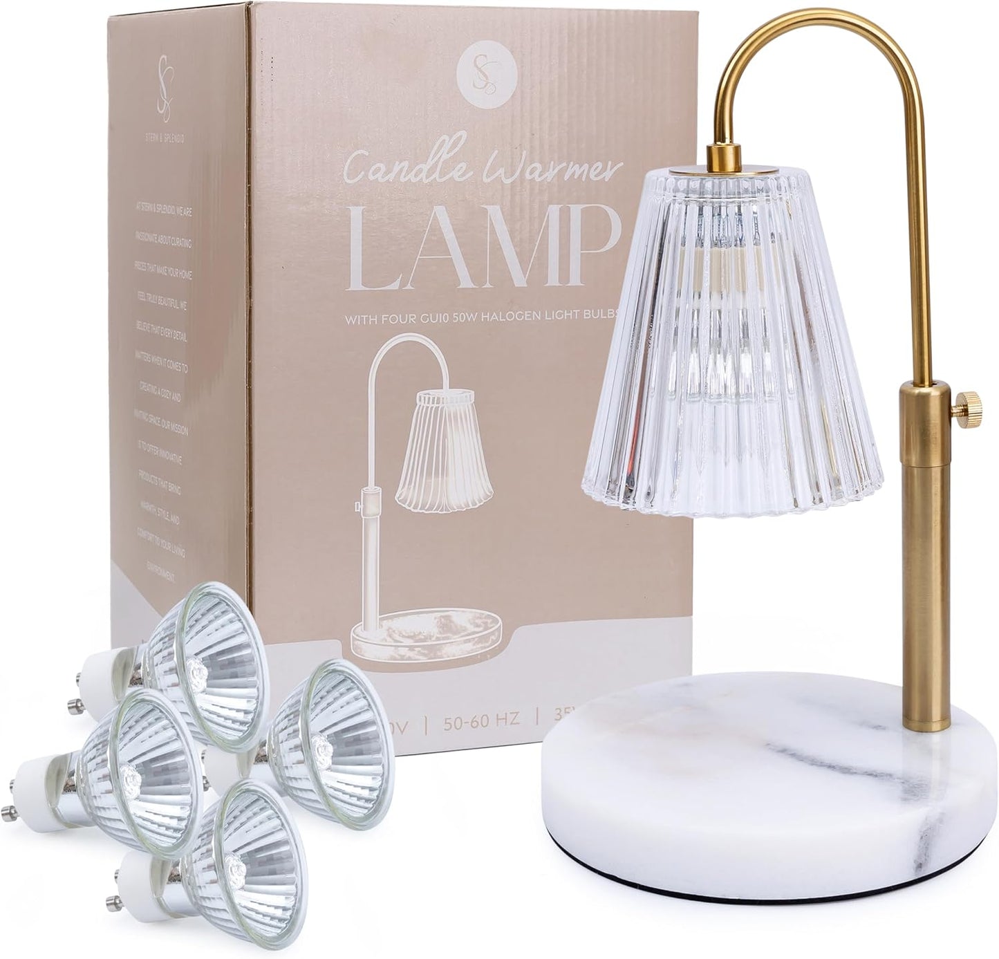 Flameless Candle Warmer Lamp for Jar Candles Large & Small – Dimmable Lamp Candle Warmer Electric with Large Marble Base & Adjustable Height – Candle Melter with Timer and 4 Halogen Light Bulbs