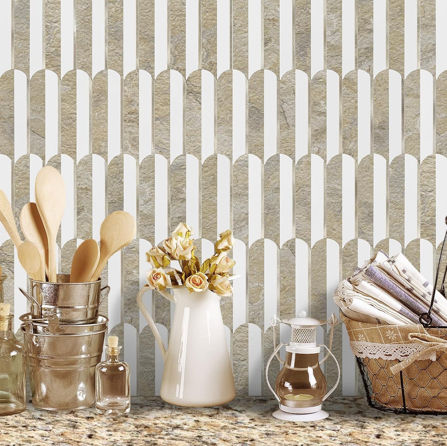 Vamos Peel and Stick Backsplash Seamless Tile for Kitchen and Bathroom,White and Beige Slate PVC Mixed Light Gold Self Adhesive Fish Scale Metal Mosaic Tiles (10 Sheets)