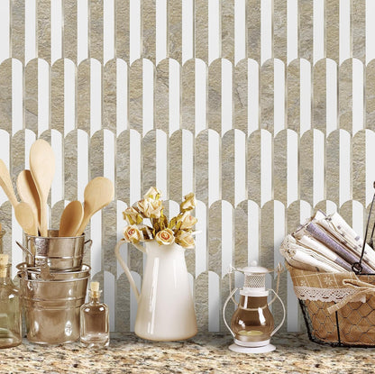 Vamos Peel and Stick Backsplash Seamless Tile for Kitchen and Bathroom,White and Beige Slate PVC Mixed Light Gold Self Adhesive Fish Scale Metal Mosaic Tiles (10 Sheets)