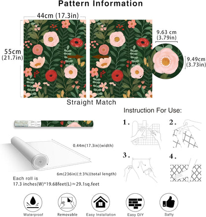 HAOKHOME Floral Peel and Stick Wallpaper Boho Vintage Wall Paper Removable for Bathroom Nursery Beige/Pink/Red Contact Paper 17.3in x 9.8ft