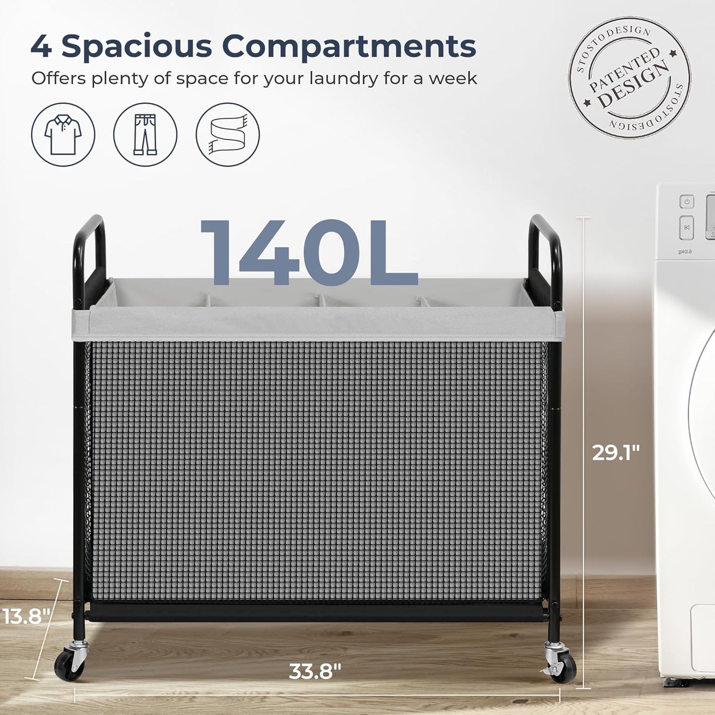 STO STO Laundry Hamper 3 Section, 120L Rolling Laundry Sorter Cart with Removable and Washable Liner Bag, Clothes Hamper with Wheels and Metal Handle for Laundry Room and Bedroom