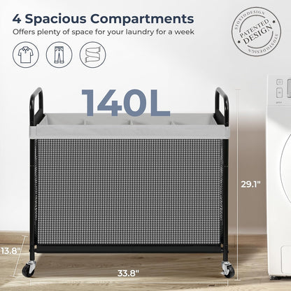 STO STO Laundry Hamper 3 Section, 120L Rolling Laundry Sorter Cart with Removable and Washable Liner Bag, Clothes Hamper with Wheels and Metal Handle for Laundry Room and Bedroom