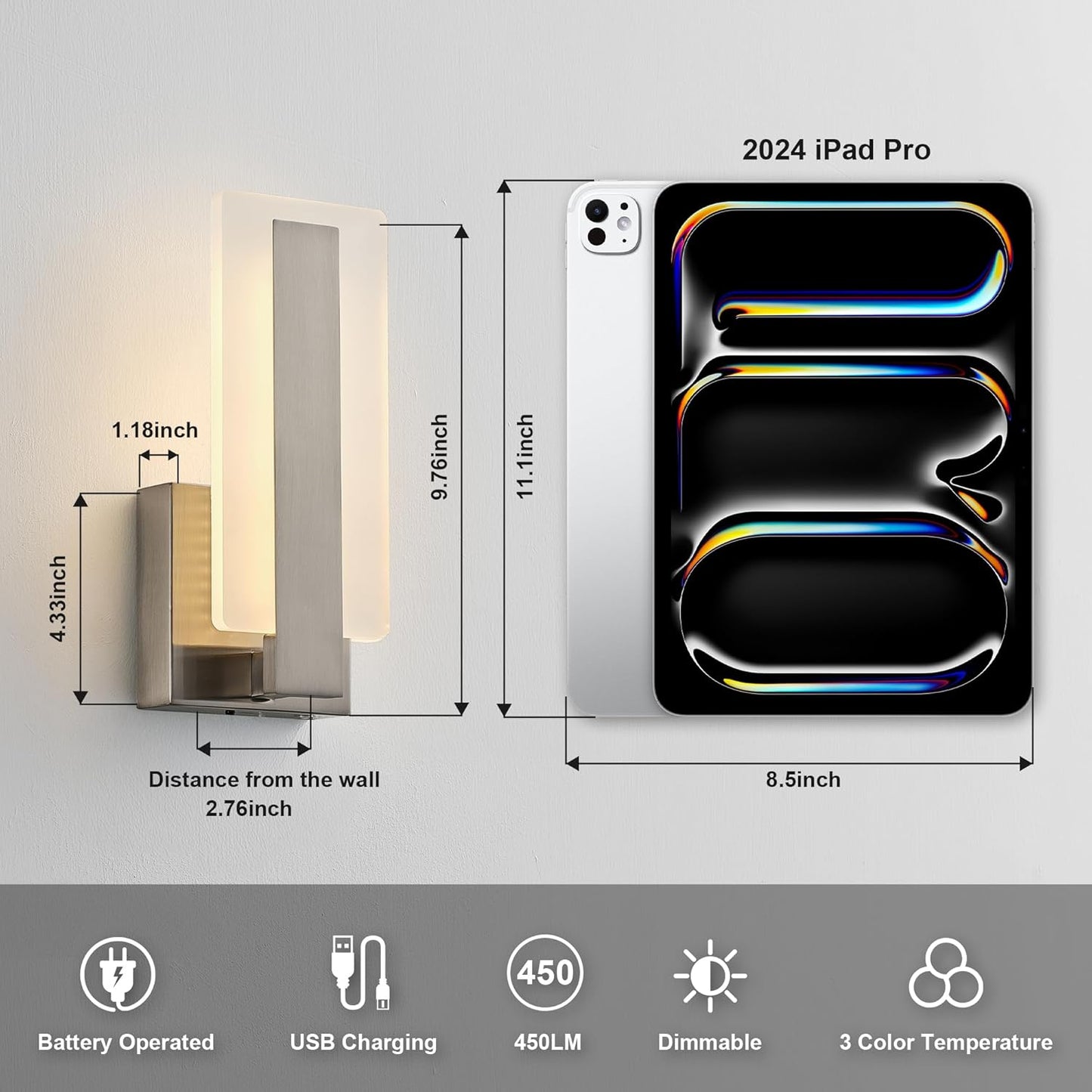 KARTOOSH Rechargeable Wireless Wall Sconces,Battery Operated Modern Wall Light Set of Two with Remote Control,Dimmable,3000K/4000K/6000K,Timer,Cordless Lighting for Hallway,Bedroom,Living Room Black