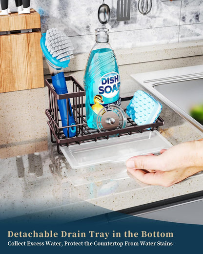 Consumest Sponge Holder for Kitchen Sink - Kitchen Sink Caddy Organizer with Removable Drip Tray for Countertop Dish Soap Dispenser Brush Storage Accessories 304 Stainless Steel - Black