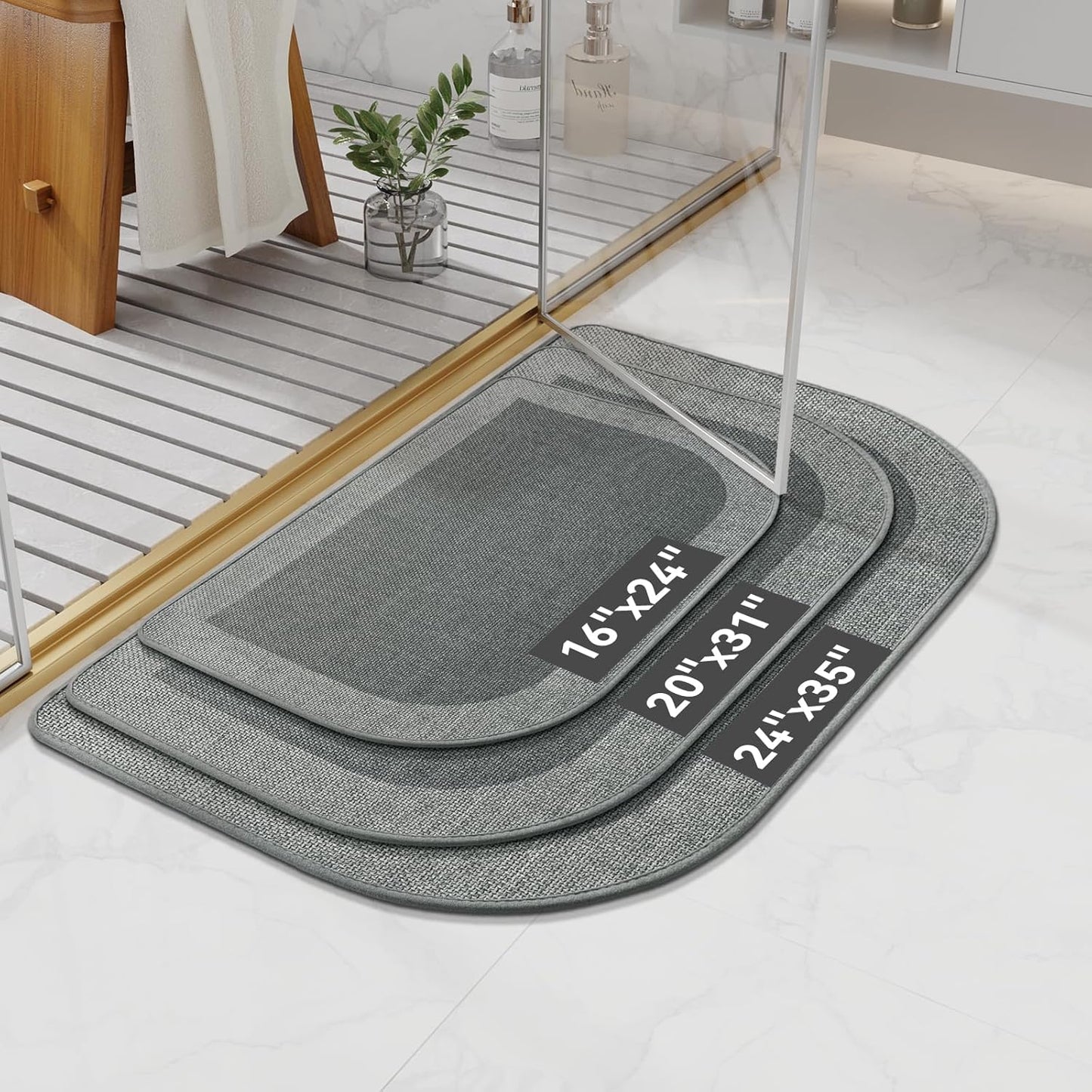 YDKGL Ultra Thin Bathroom Rugs Mat Quick Dry Absorbent Non Slip Bath Mat Bath Mats for Bathtub Mat Bathroom Carpet Fit Under Door Washable Floor Rubber Half Round Bath Rugs Grey 16x24