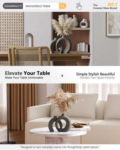 7.2″Hx8.9″H Donut Shape Decorative Vase Set of 2, Ceramic, Modern Minimalism Styles, Flowers or Plant Table Vases for Home Decor Living Room Shelf Entry Console Mantle Dining Centerpiece (Matte White)