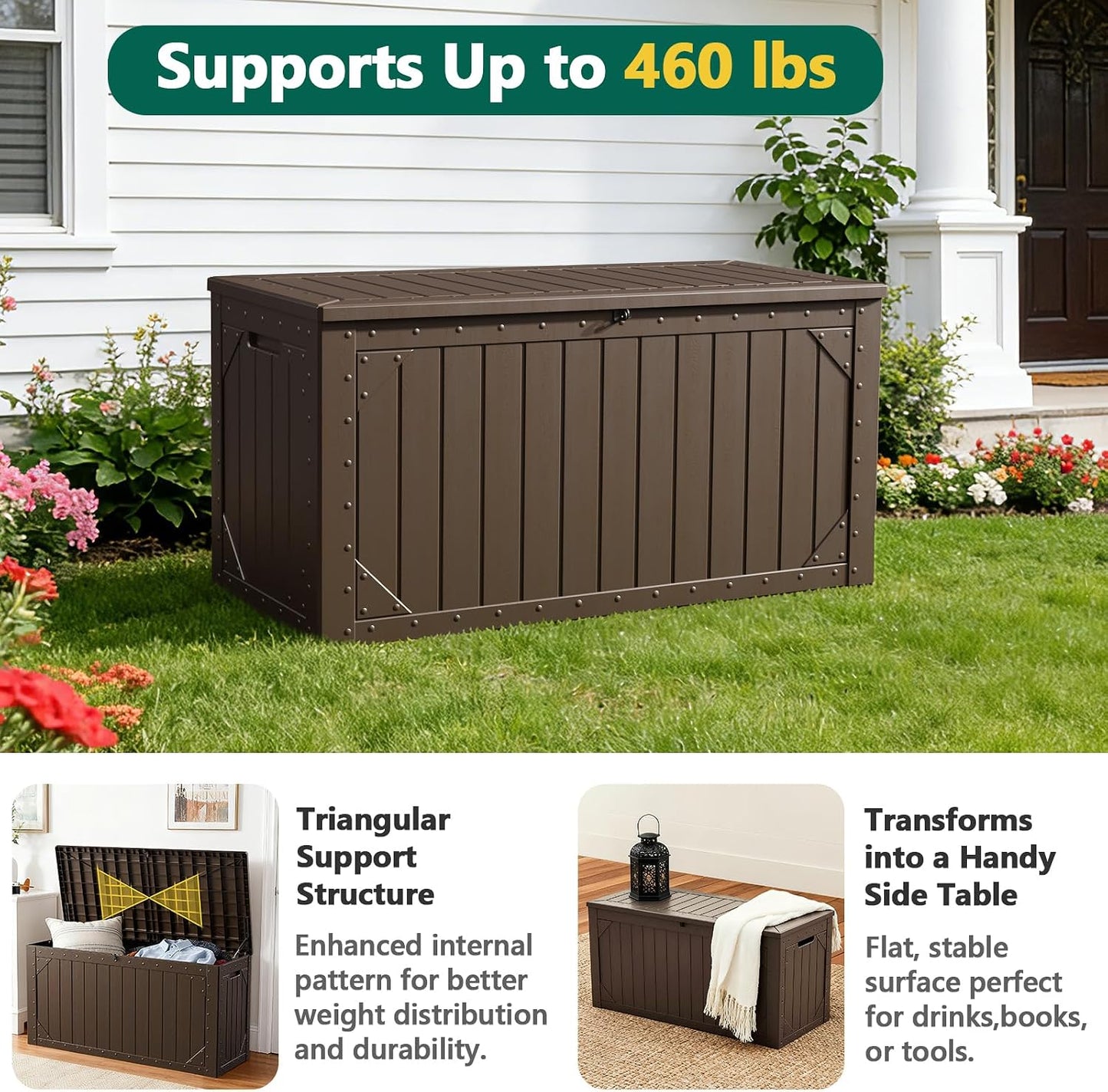 Outdoor Storage Box, 98 Gallon Deck Box, Outdoor Storage Bench, Waterproof Resin Storage Bench with Lockable Lid, Patio Furniture Cushions & Garden Tools Storage, UV Resistant (Black)