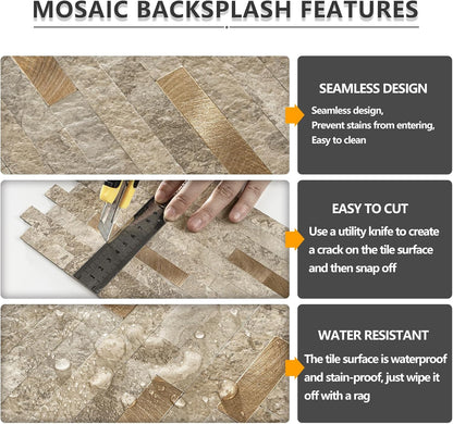 STICKGOO 20 Sheets Peel and Stick Backsplash Tile, Stick on Backsplash for Kitchen and Bathroom, White Sandstone Look PVC Mixed Metal Gold Self Adhesive Wall Tiles