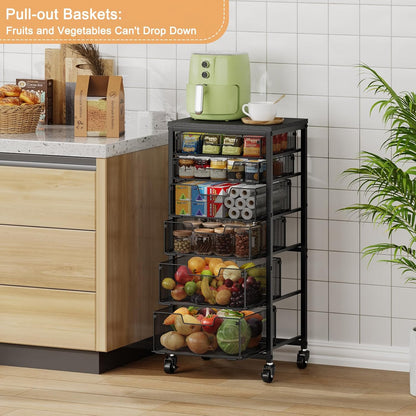 4 Tier Kitchen Rolling Cart, Kitchen Storage Cart with Wheels, Adjust Pantry Organizer and Storage Cart with Drawer, Fruit Vegetable Spice Storage Cart, Wooden Top Metal Kitchen Organizer Rack Stand