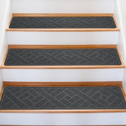 15 Pack 8 "X 30" Non-Slip Carpet Stair Treads for Indoor Wooden Steps, Made of Polyester and Reusable Adhesive, Suitable for Kids Elders and Pets（Black Lines）